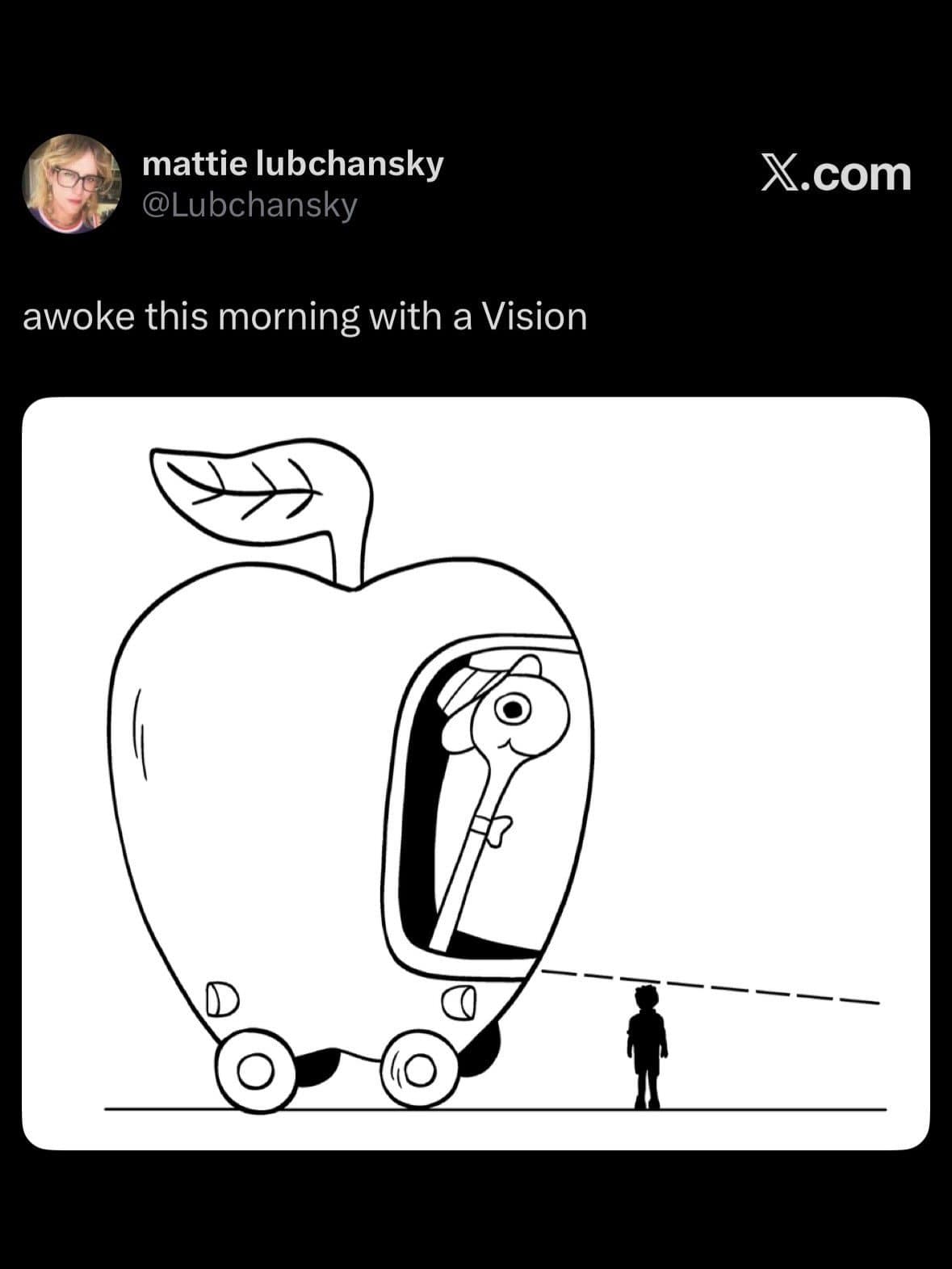Meme dump drawing of a giant apple-shaped car driven by a tiny worm, labeled a vision.
