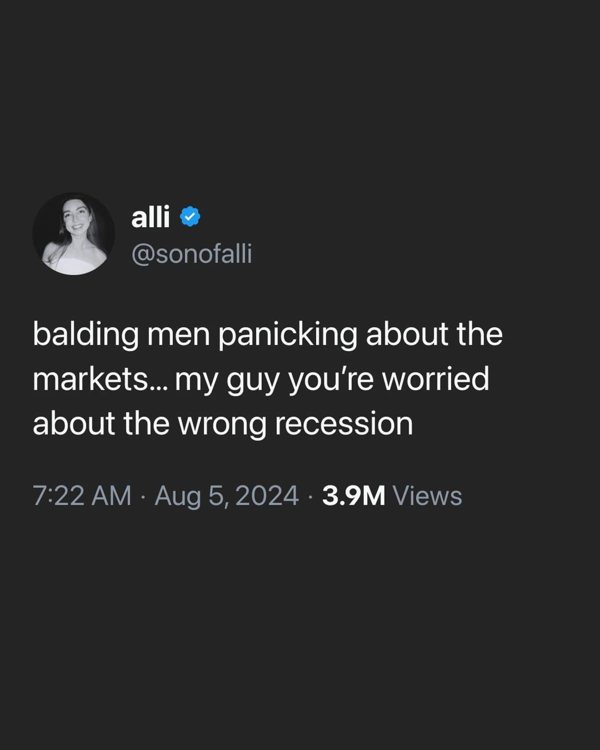 Meme dump tweet joking that balding men panicking about markets fear the wrong recession.