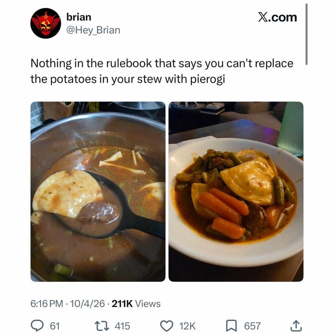 Tweet showing beef stew made with pierogi instead of potatoes, served in a bowl.