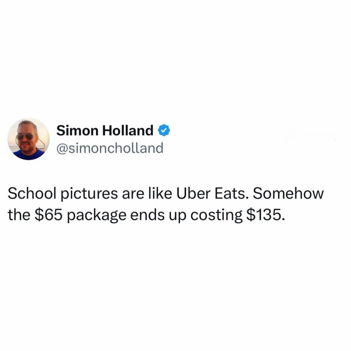 Meme dump tweet comparing school picture packages to Uber Eats because the price always doubles.