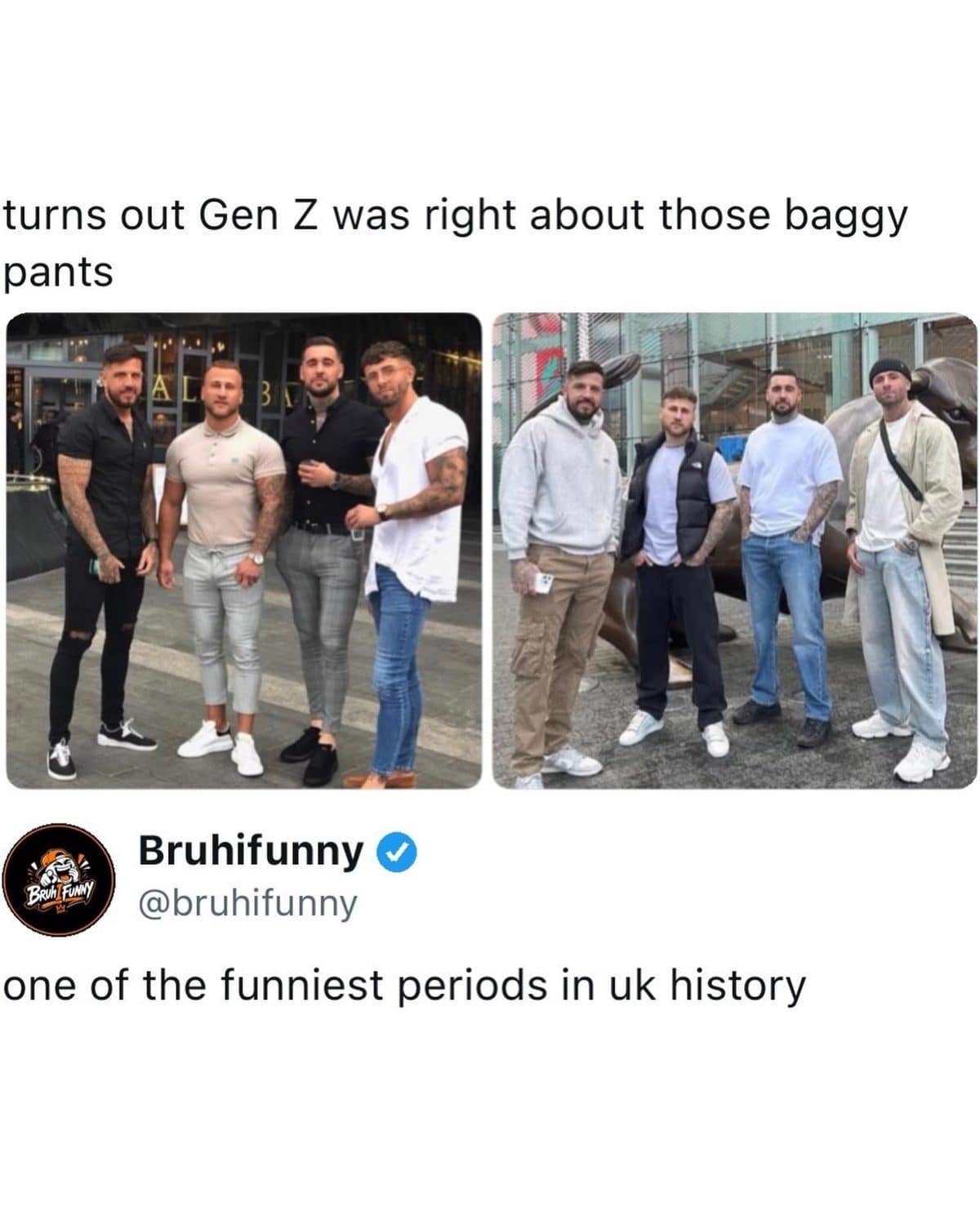 Side by side photos of men in skinny jeans and baggy jeans, crediting Gen Z.