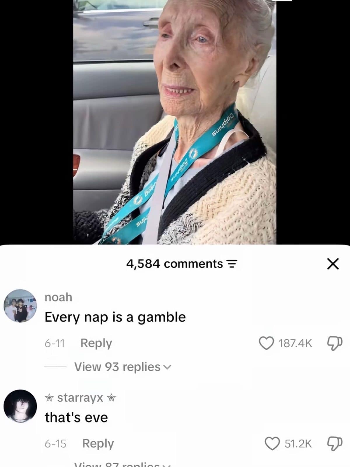 Elderly woman resting in a car seat, with comments saying every nap is a gamble.
