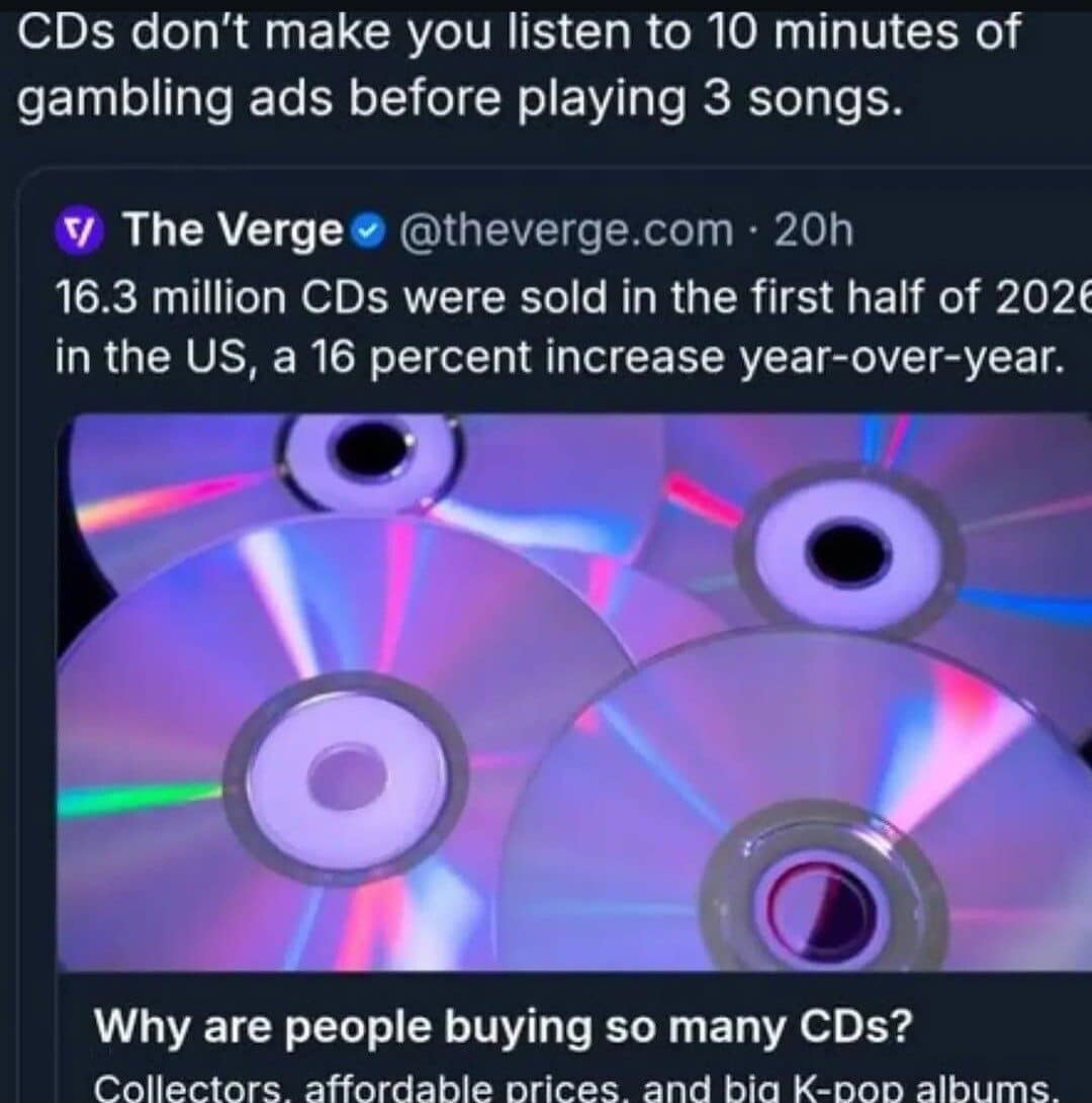 Tweet praising CDs for having no gambling ads, quoting a report on rising CD sales.