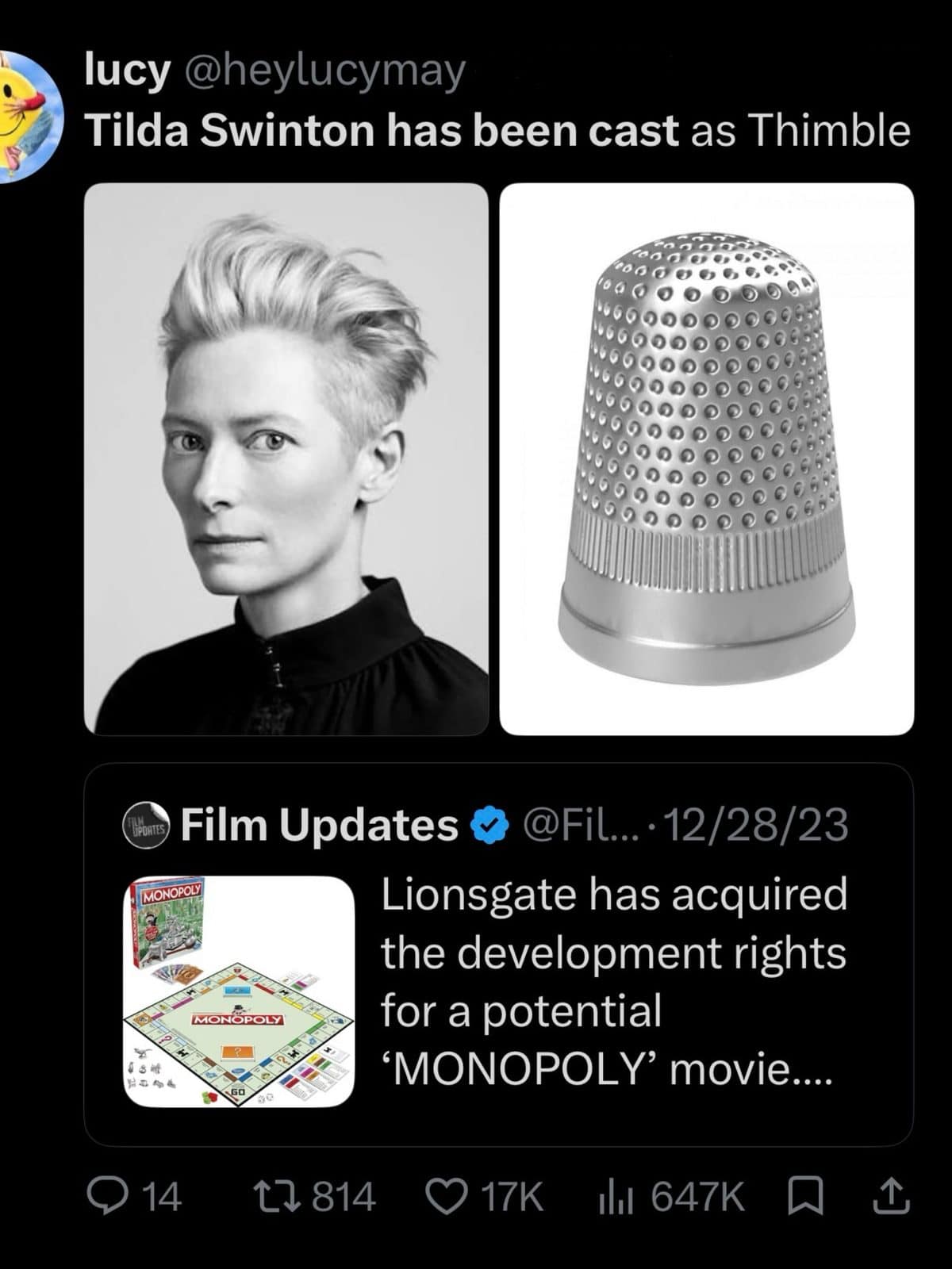 Meme dump joke casting Tilda Swinton as the thimble in a rumored Monopoly movie.