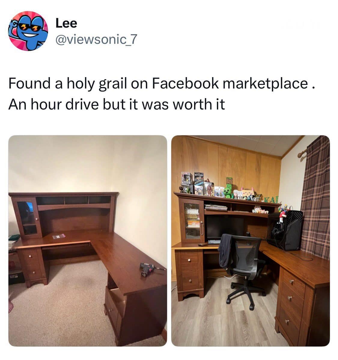 Meme dump tweet showing a Facebook Marketplace wooden desk turned into a full gaming setup.