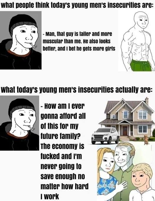 Wojak comic in this meme dump comparing imagined insecurities with worries about affording a family
