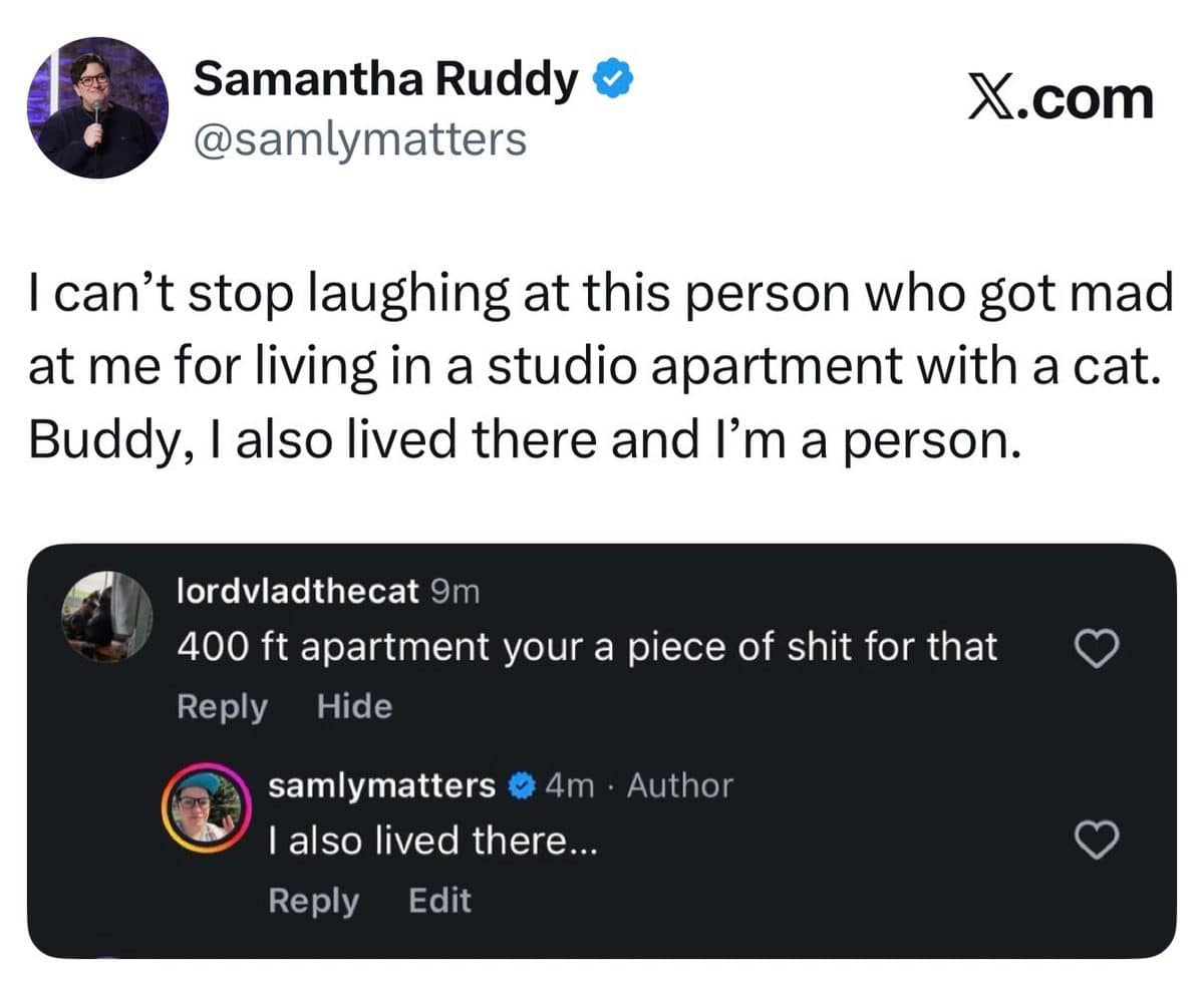 Tweet from a meme dump about a stranger angry over someone living in a studio with a cat