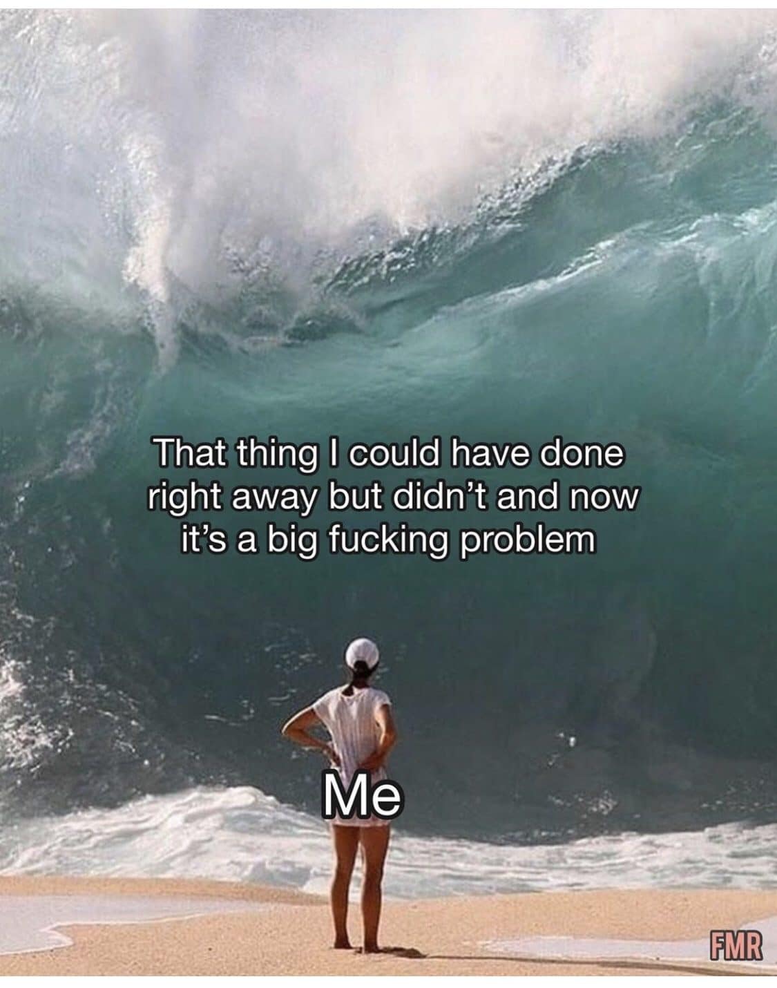 Meme dump favorite of a woman facing a huge wave labeled the task she kept putting off
