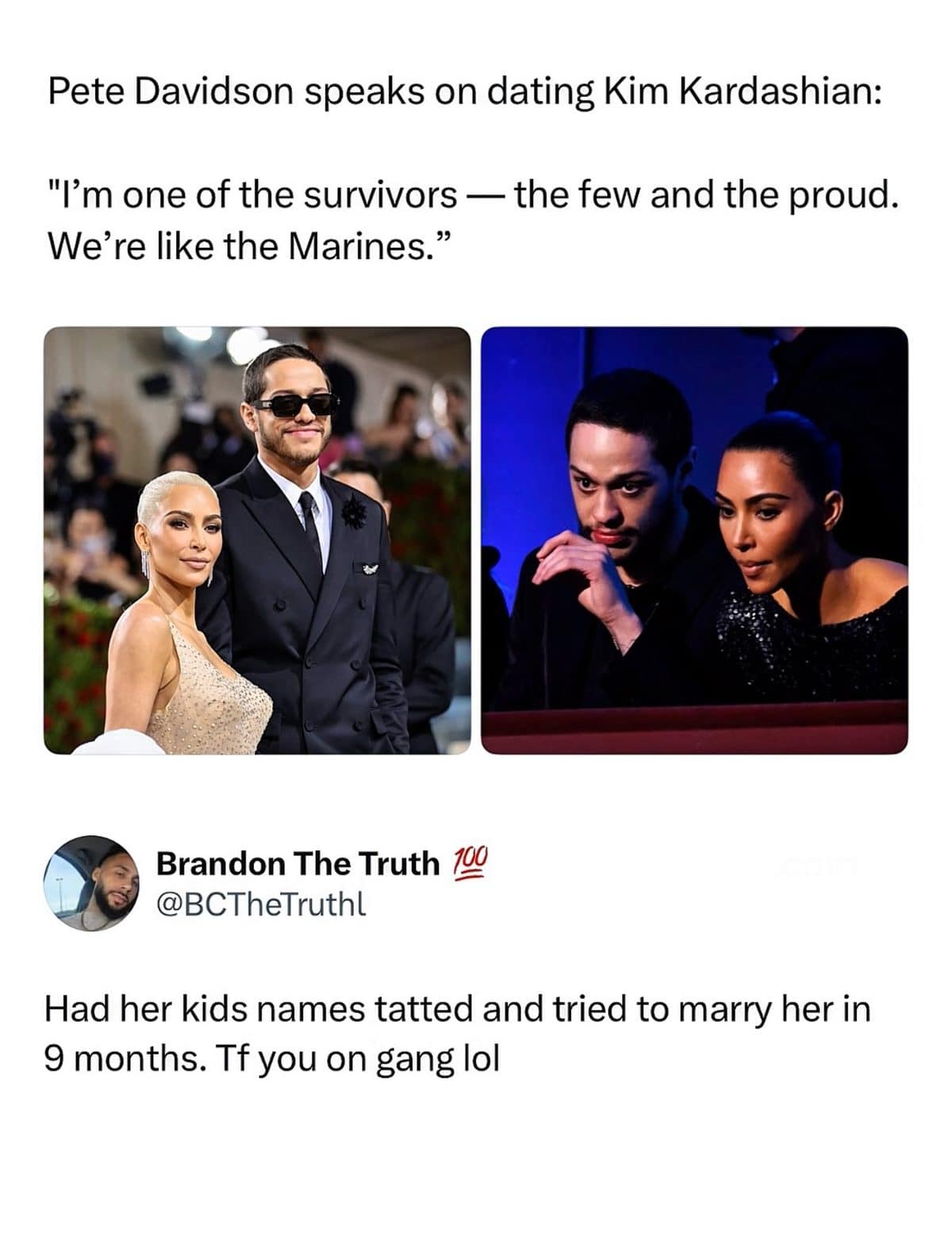 Tweets reacting to Pete Davidson comparing his past relationship with Kim Kardashian to the Marines