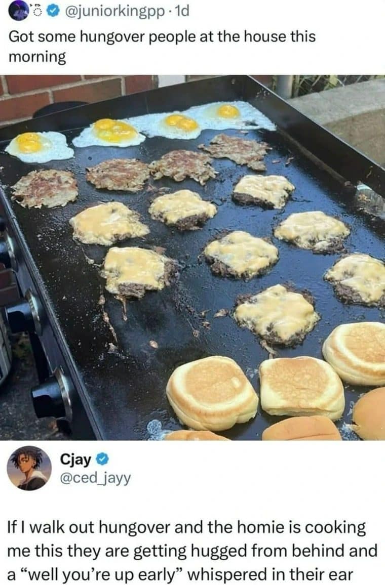 Griddle loaded with eggs, hash browns, cheeseburgers and buns for hungover houseguests in the morning