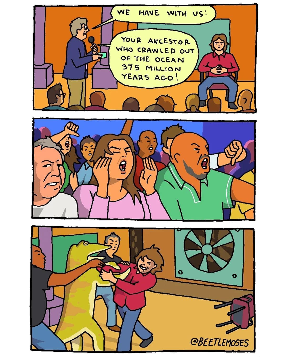Comic where a talk show reveals a fish ancestor and the audience attacks it