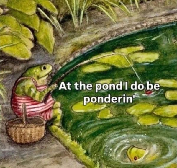 Storybook frog fishing beside a lily pond, captioned at the pond I do be ponderin, meme dump style