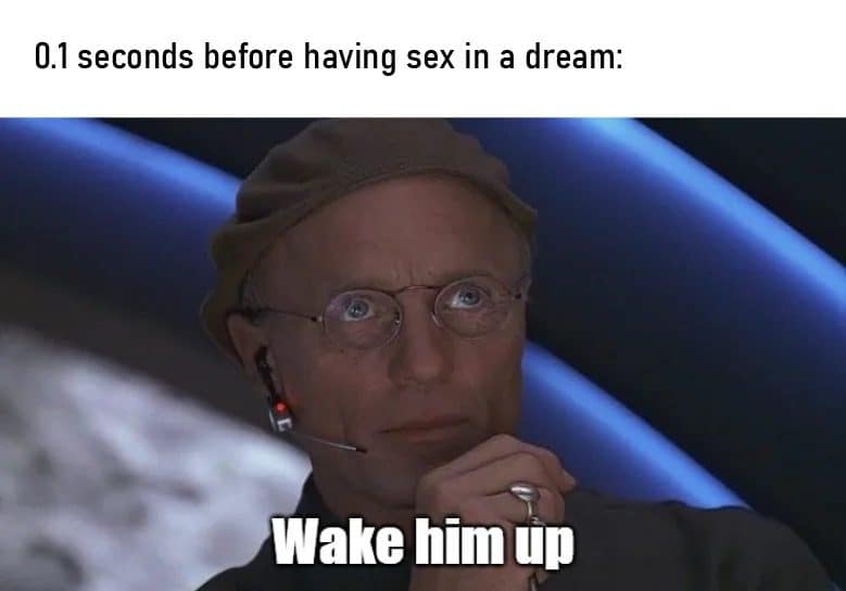 Movie director character with a headset saying wake him up during a dream