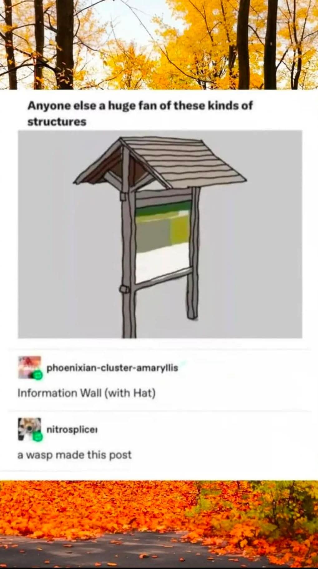 Tumblr post admiring a wooden notice board with a roof, nicknamed information wall with hat
