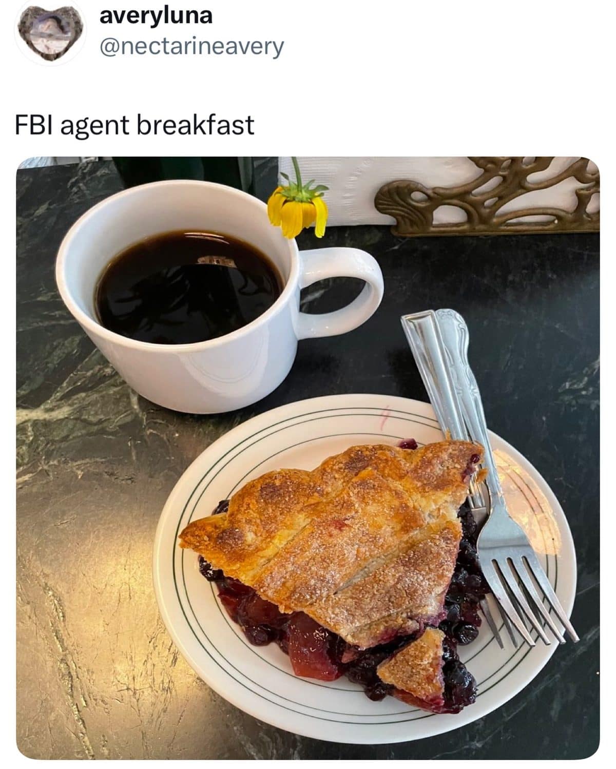 Black coffee and a slice of cherry pie labeled FBI agent breakfast in this meme dump