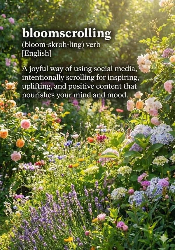Garden of flowers behind a dictionary style definition of bloomscrolling as positive scrolling