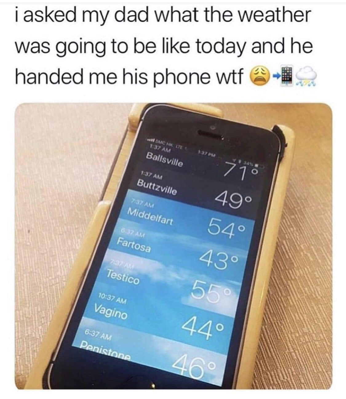 Dad's phone weather app listing towns with rude sounding names instead of a forecast