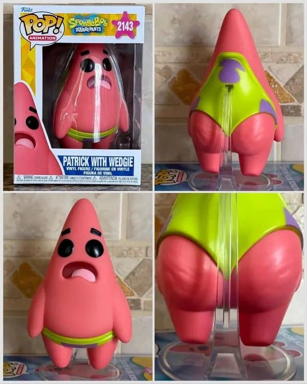 SpongeBob Patrick Funko Pop figure suffering a wedgie, shown in a meme dump from four angles