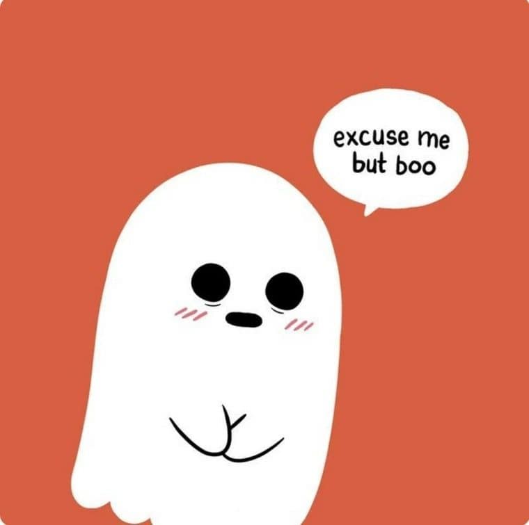 Shy cartoon ghost on an orange background saying excuse me but boo, a spooky meme dump opener