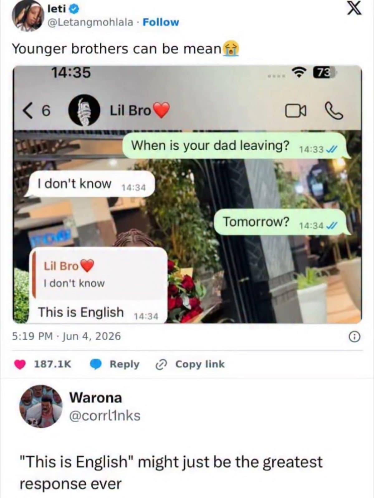 Text thread where little brother replies this is English, posted to this meme dump