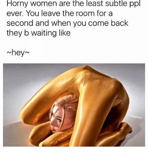 Suggestive tweet about subtle signals beside a contortionist in a gold bodysuit