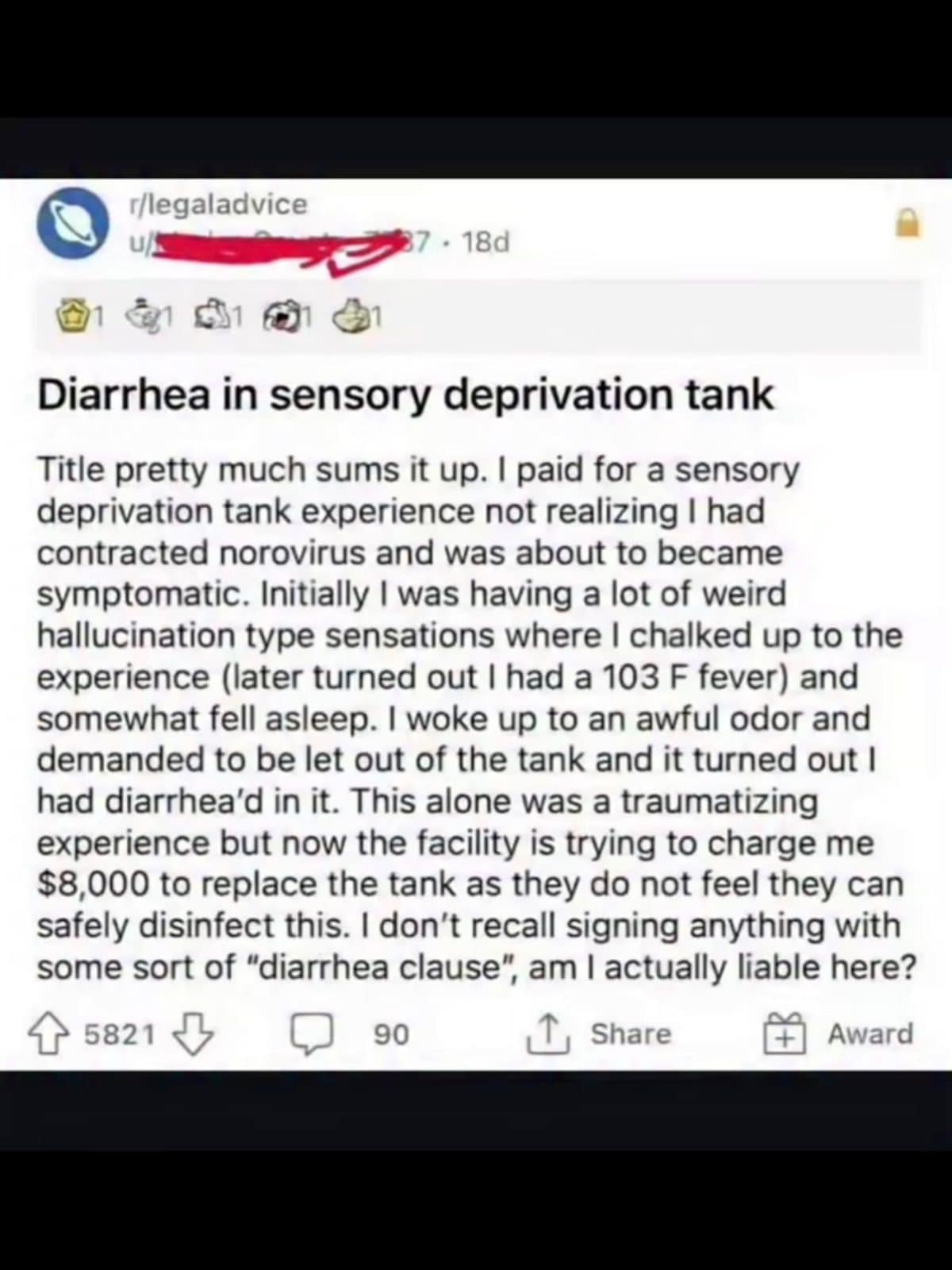 Legal advice Reddit post about an expensive accident inside a sensory deprivation tank