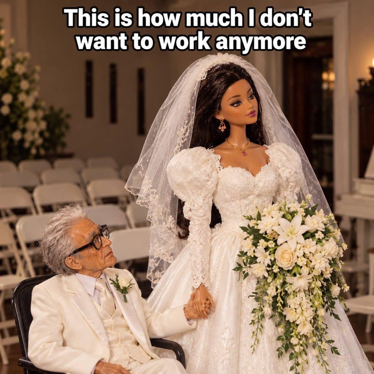 Elderly groom holding hands with a Barbie doll bride in this meme dump about quitting work