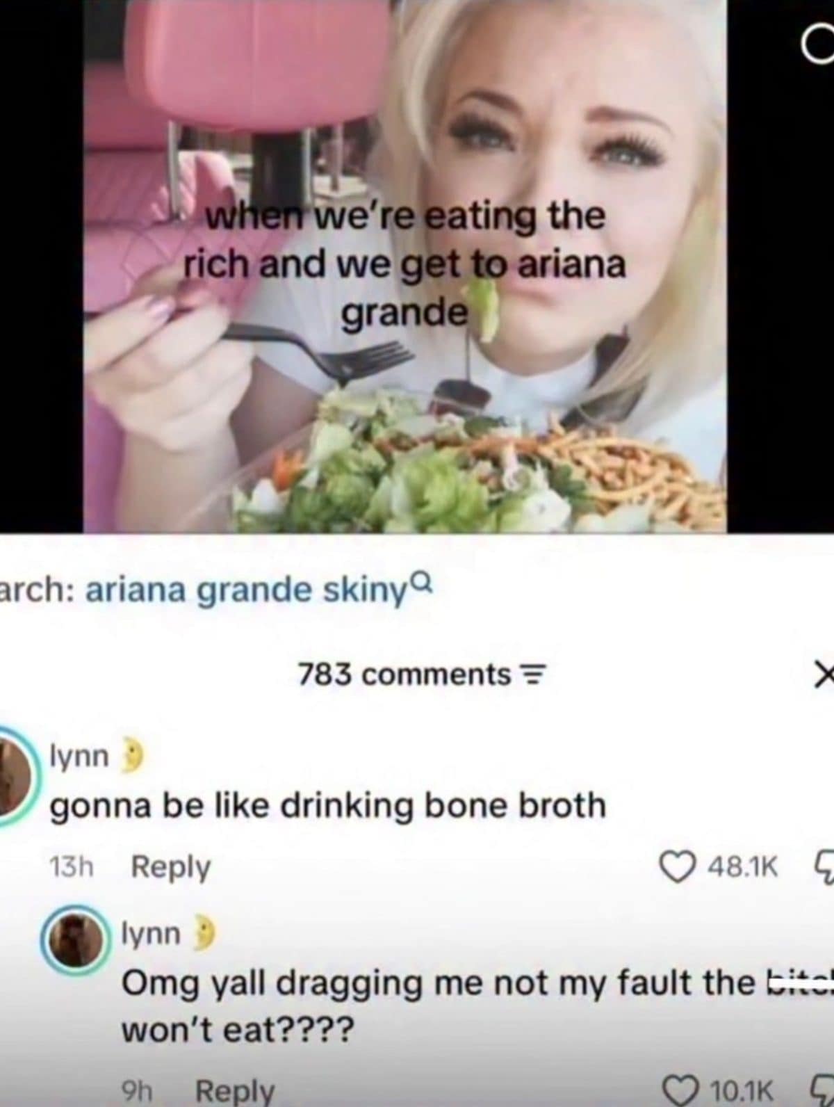 TikTok of a woman eating salad with comments joking about bone broth