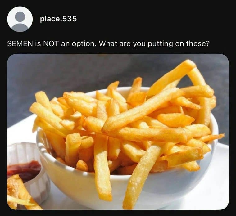 Bowl of french fries under a crude comment asking what people put on them