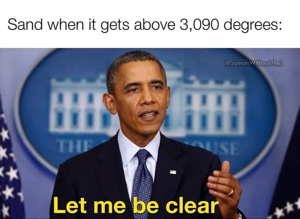 Barack Obama at a podium saying let me be clear, under a joke about melting sand