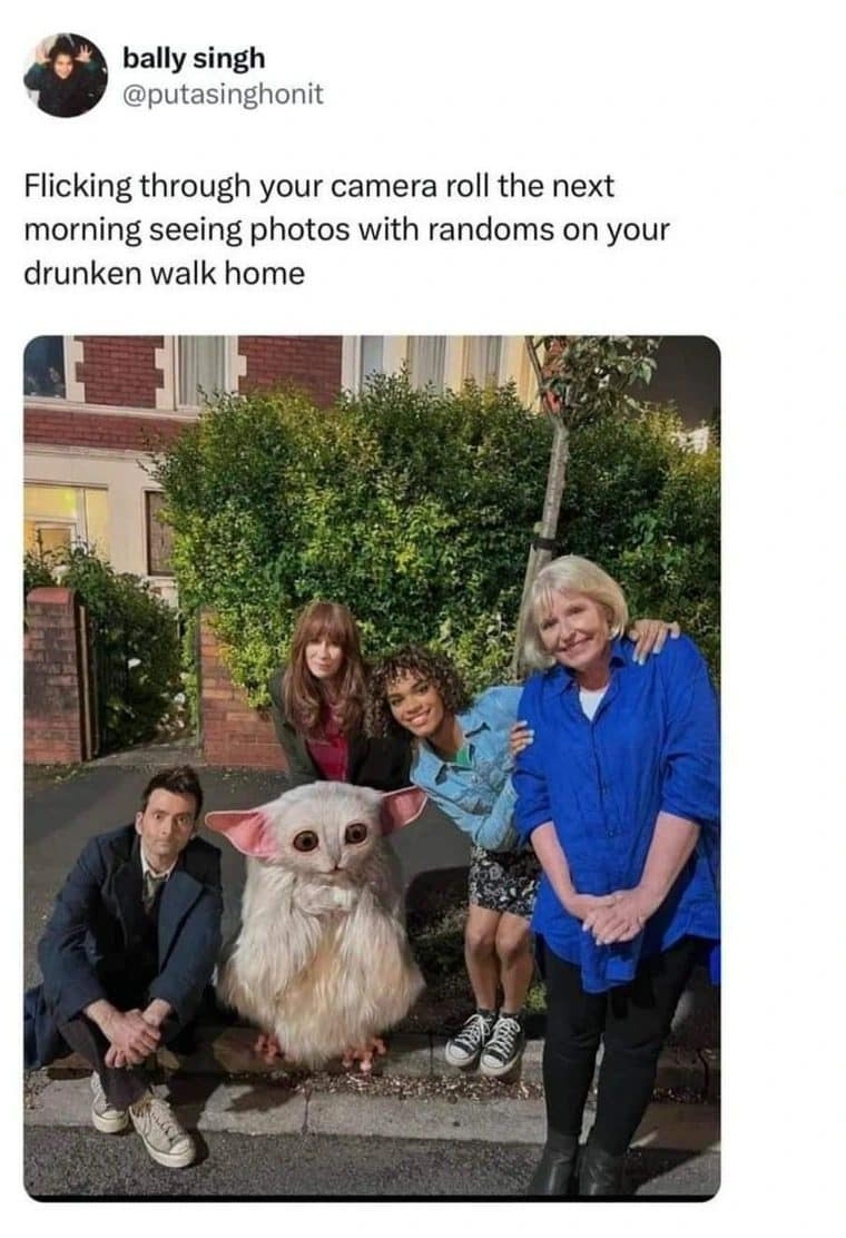 Camera roll photo of TV actors posing with a fluffy creature after a drunken walk home