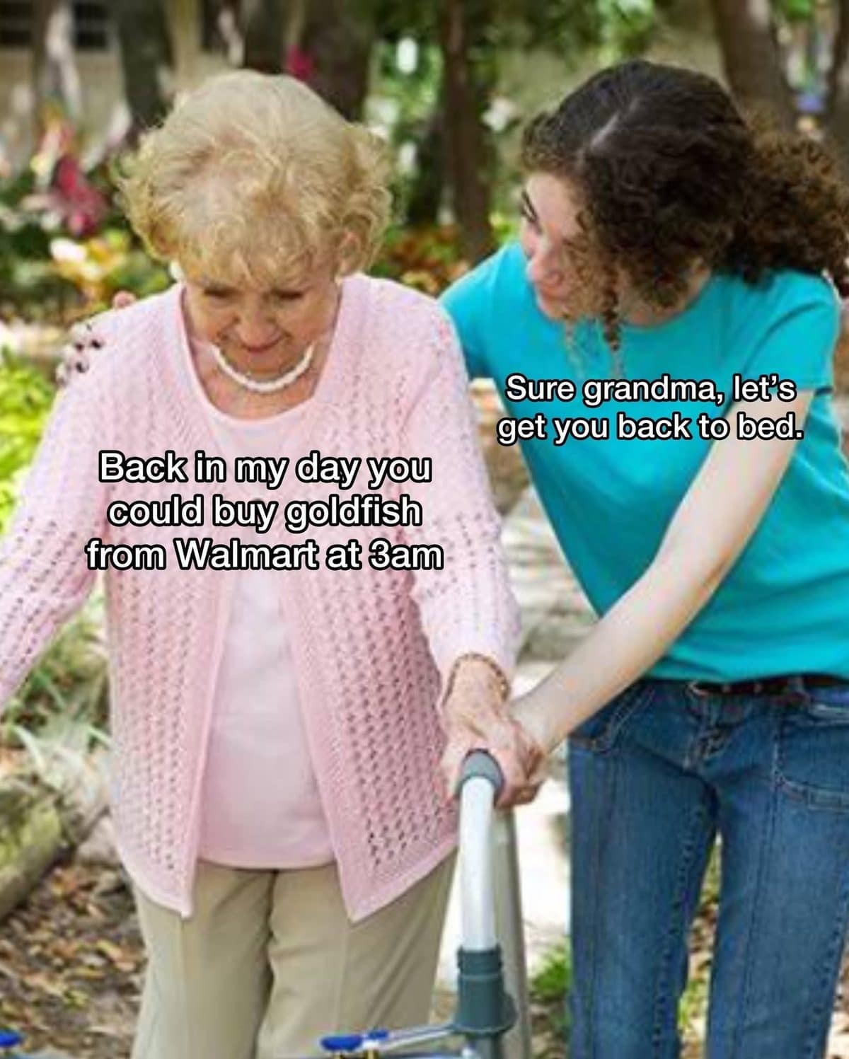 Grandma with a walker in this meme dump recalling buying goldfish at Walmart at 3am