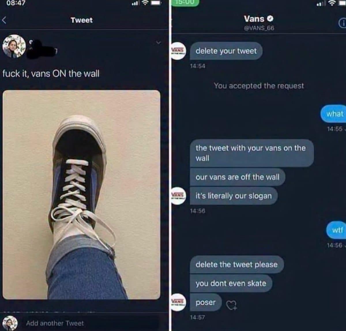 Vans telling someone to delete a tweet with their sneaker on the wall, meme dump favorite