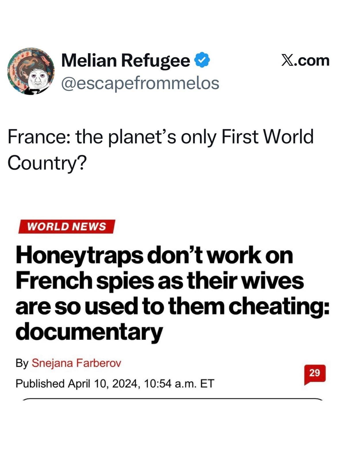 Tweet about France over a headline saying honeytraps don't work on French spies