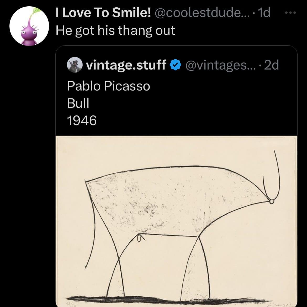 Picasso's simple 1946 bull sketch with a cheeky reply in this meme dump