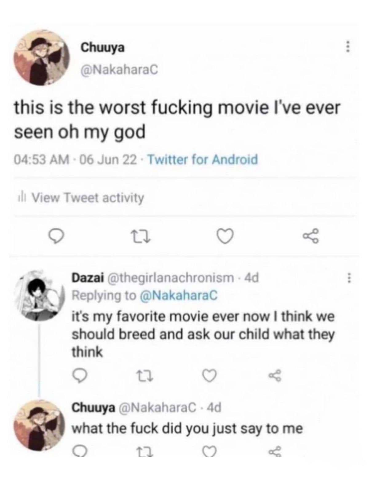 Tweet calling a movie the worst ever, then a reply suggesting they ask their future child