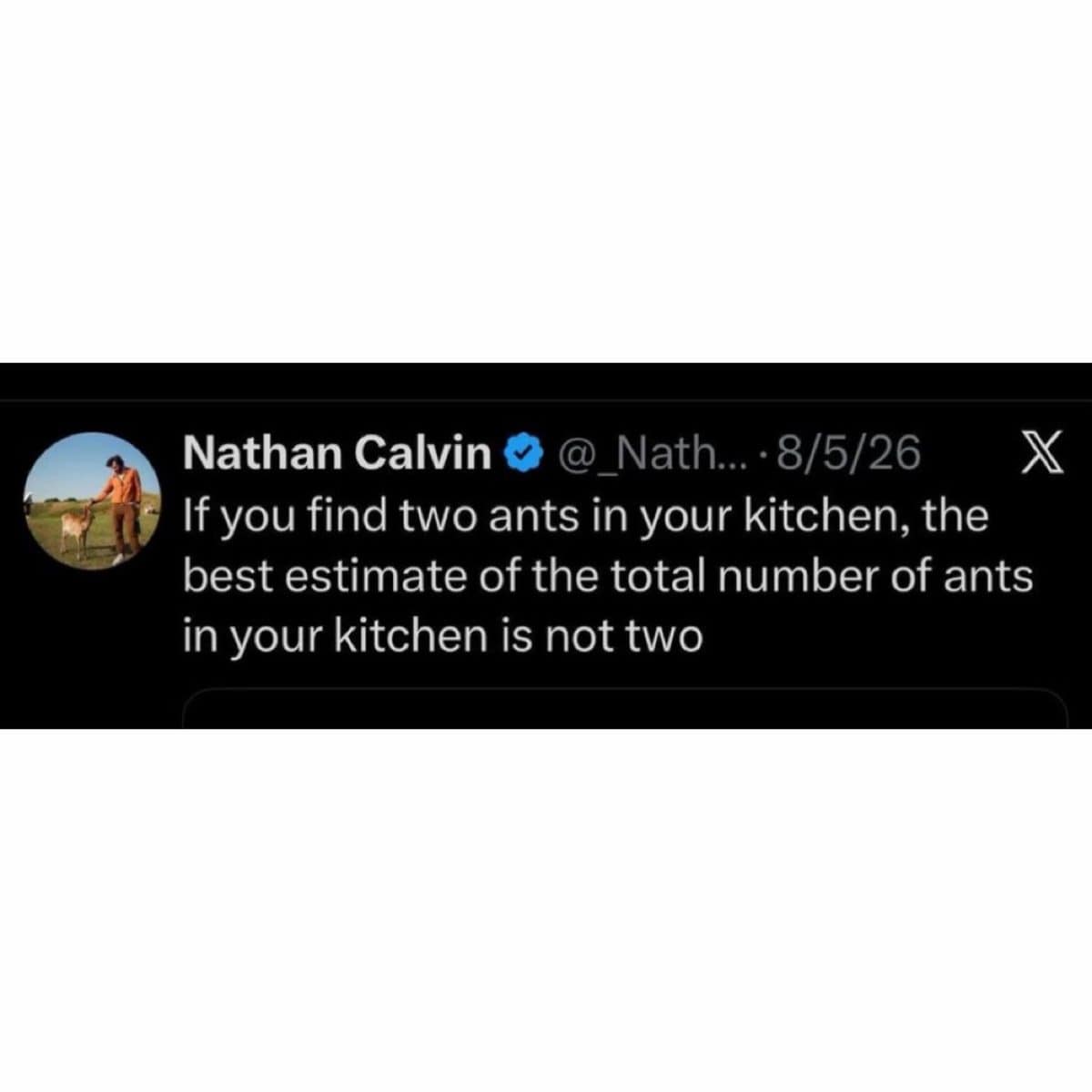 Tweet noting that if you see two ants in your kitchen, there are not two ants