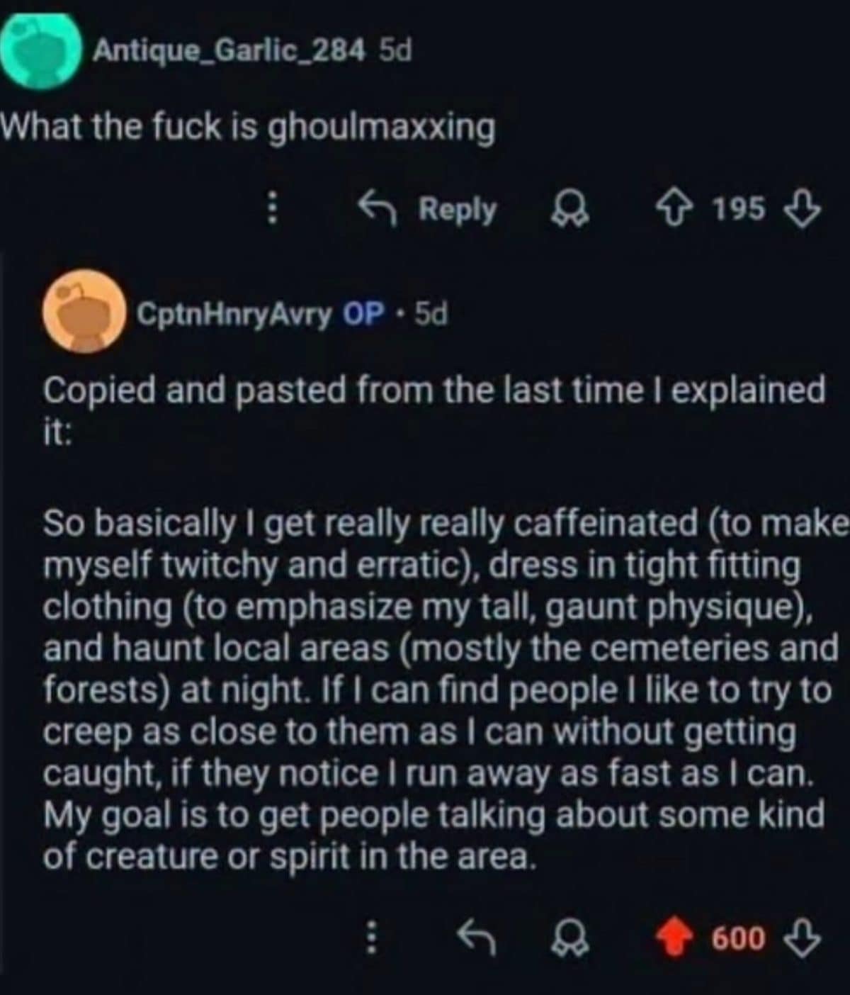 Reddit thread explaining ghoulmaxxing, a plan to haunt local cemeteries, posted to this meme dump