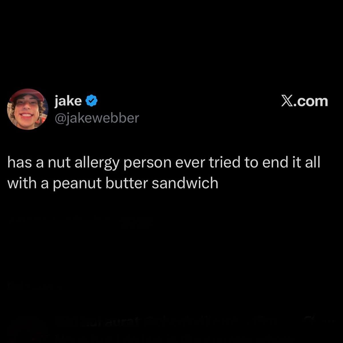 Dark tweet joking about a person with a nut allergy and a peanut butter sandwich