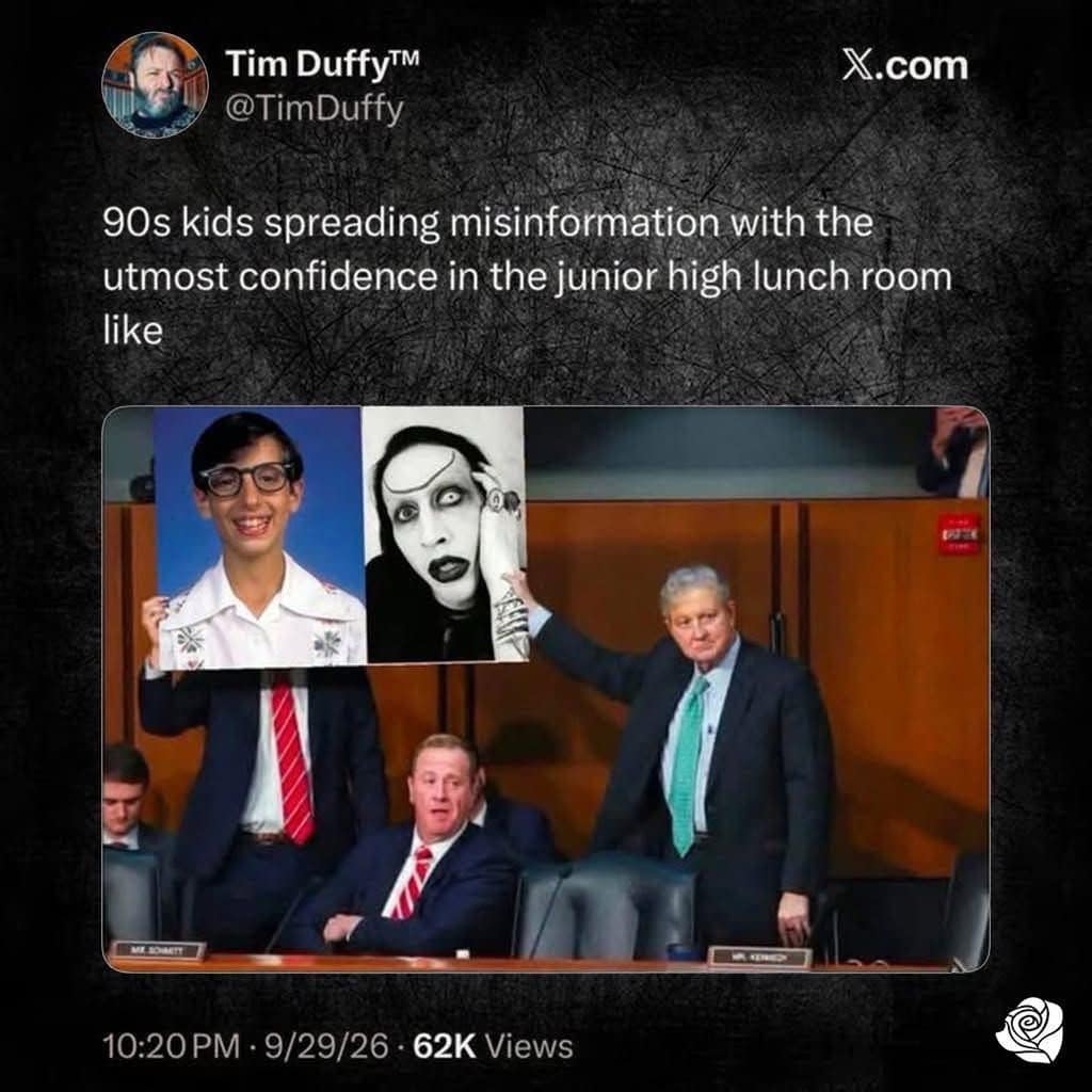 Tweet mocking 90s lunchroom rumors as a senator holds up photos of two celebrities.