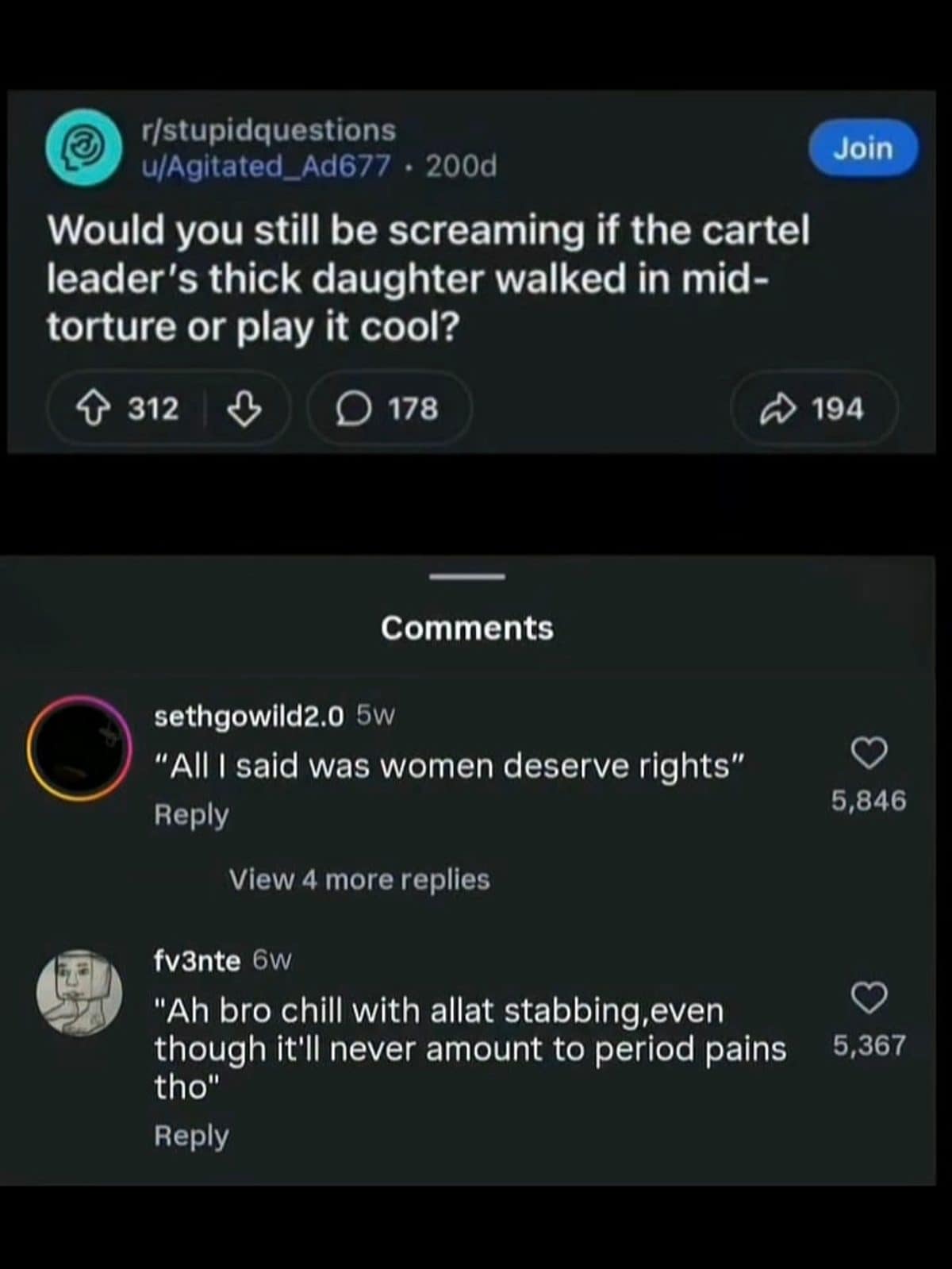 Reddit post asking an absurd hypothetical about a cartel scene, with sarcastic replies below.