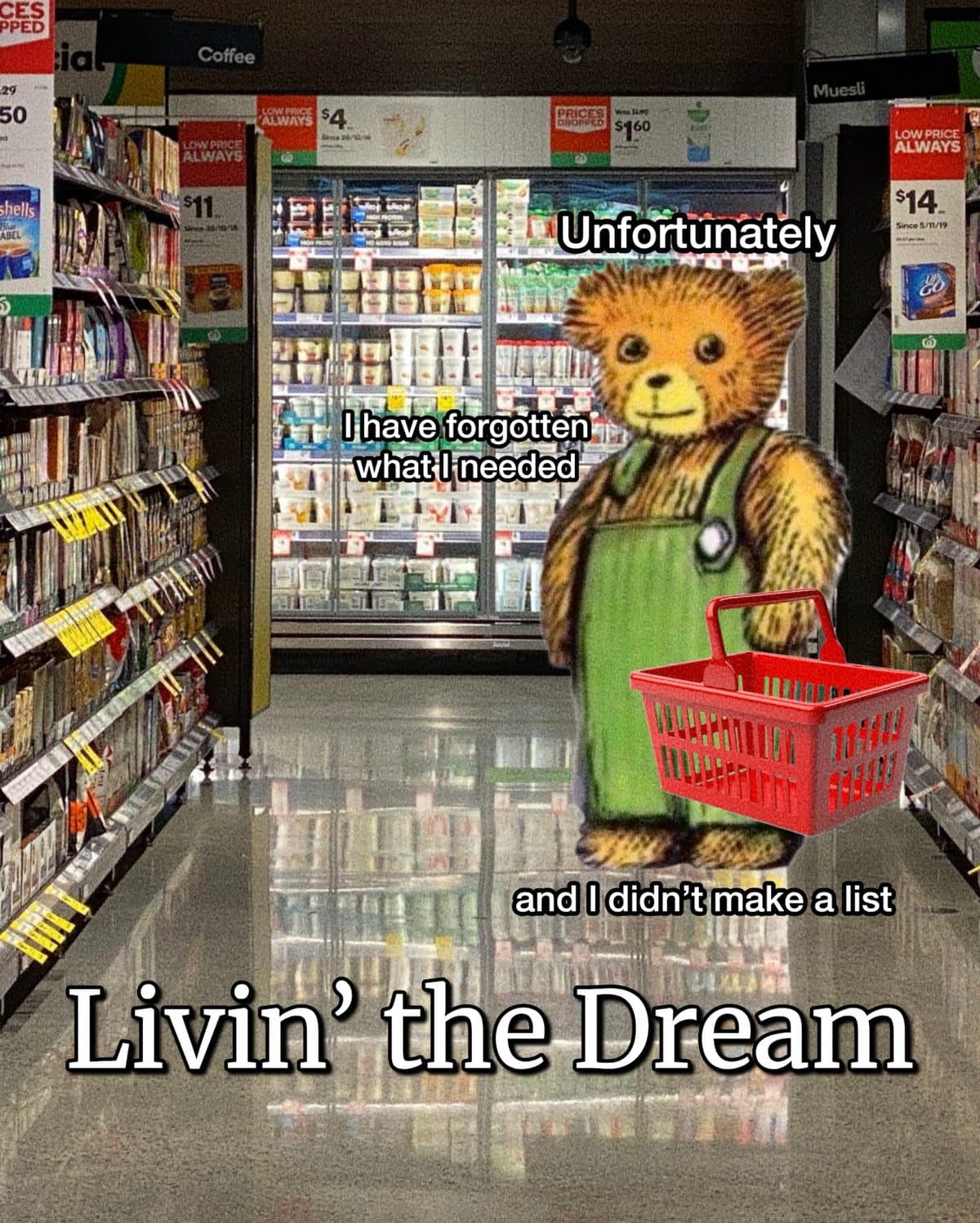 Cartoon bear with a shopping basket in a grocery aisle, forgetting what it came for.