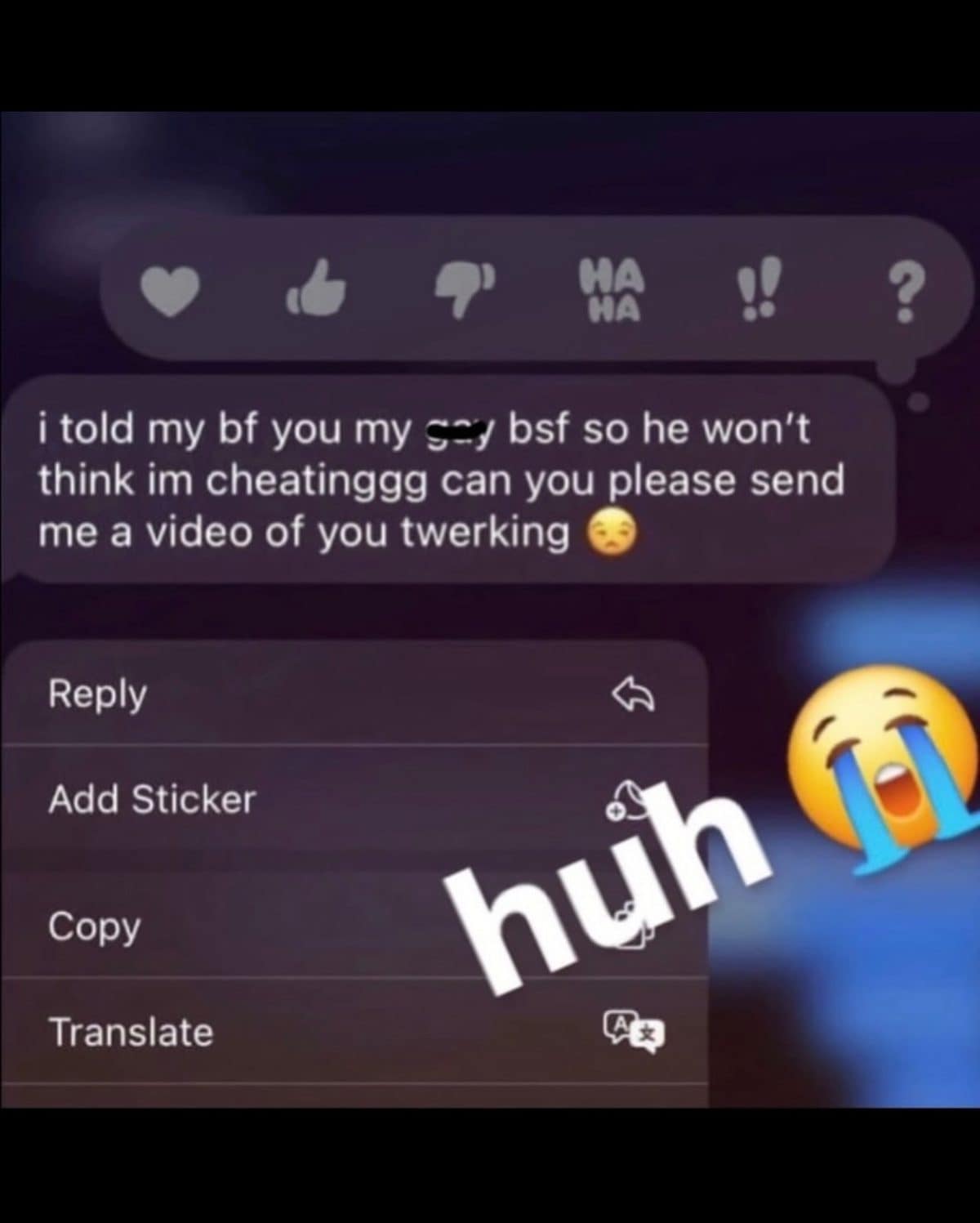 Meme dump text asking a friend for a strange favor to fool a boyfriend.