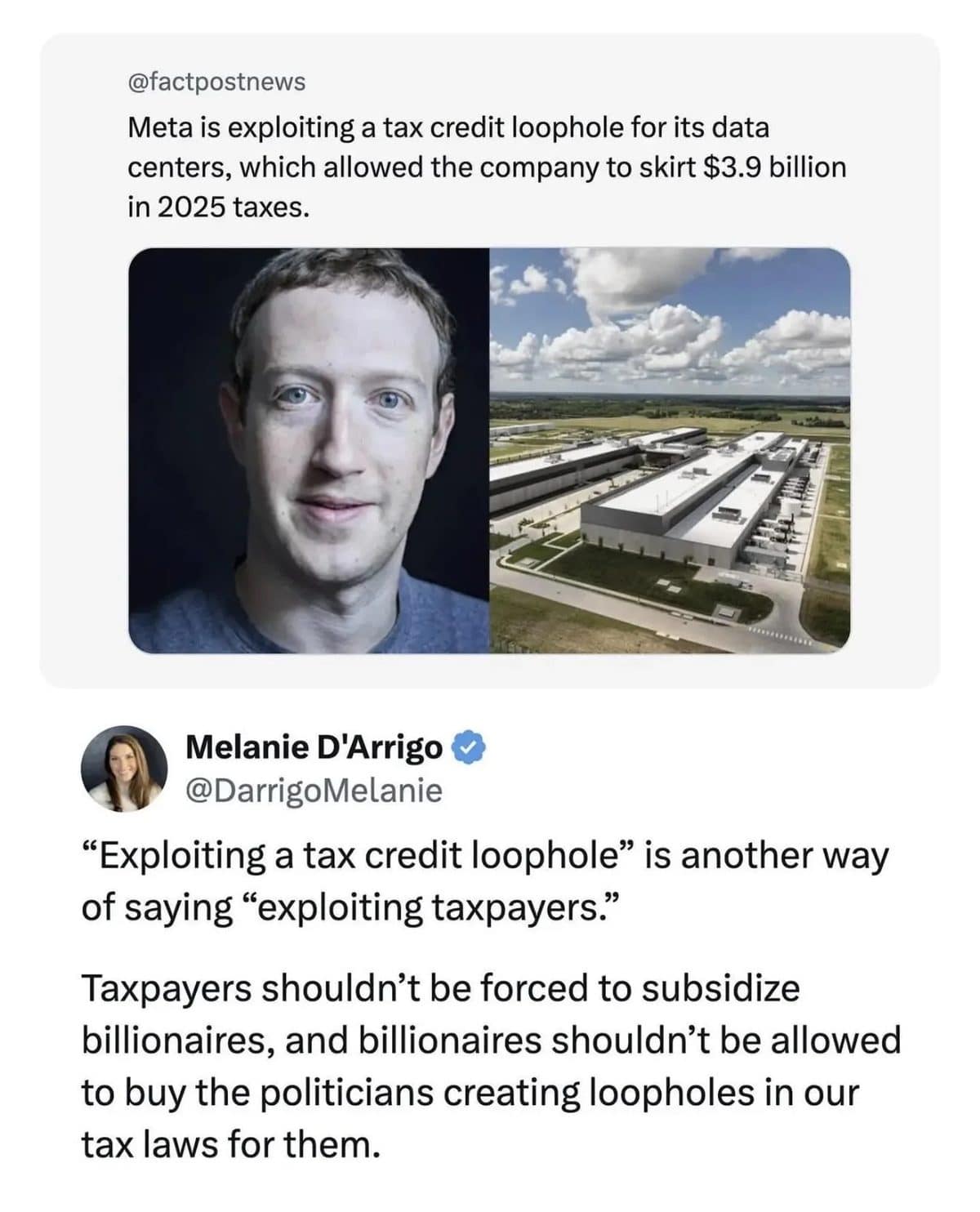 Tweets criticizing Meta over a data center tax credit, with Mark Zuckerberg's photo.
