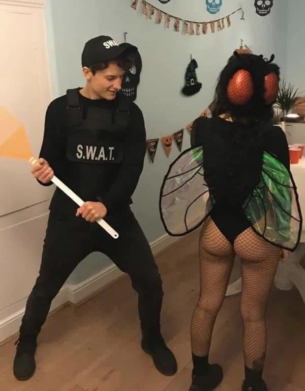 Meme dump Halloween costume duo: a SWAT officer with a giant flyswatter and a housefly.