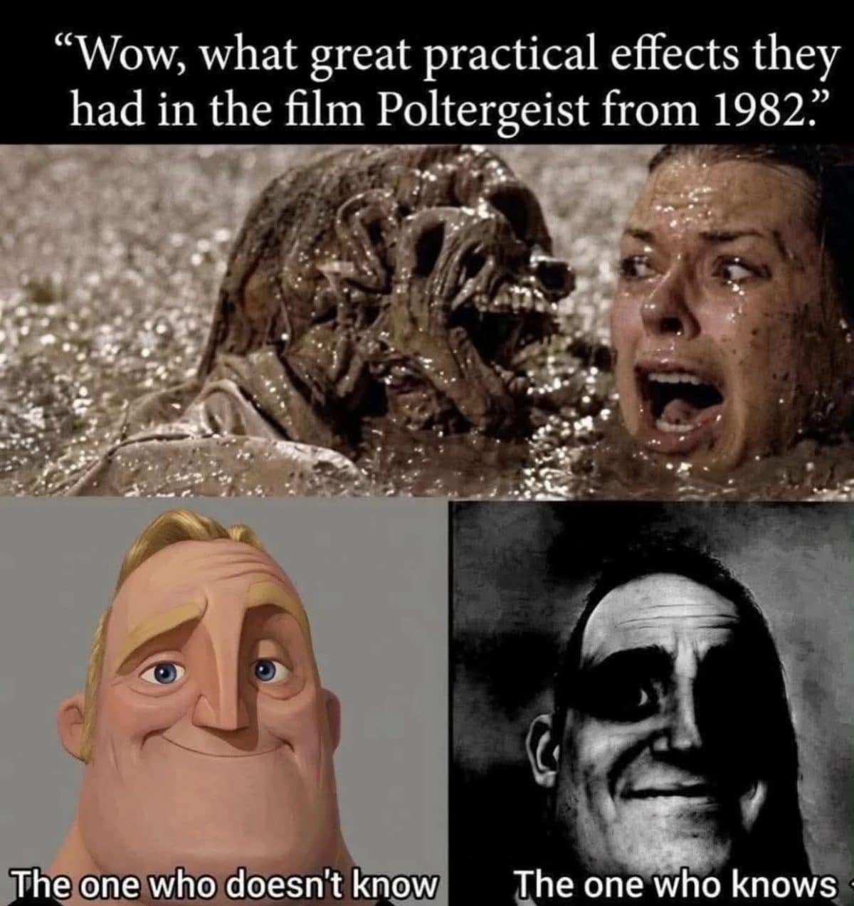 Mr. Incredible meme reacting to Poltergeist's famous pool scene and its real skeleton props.