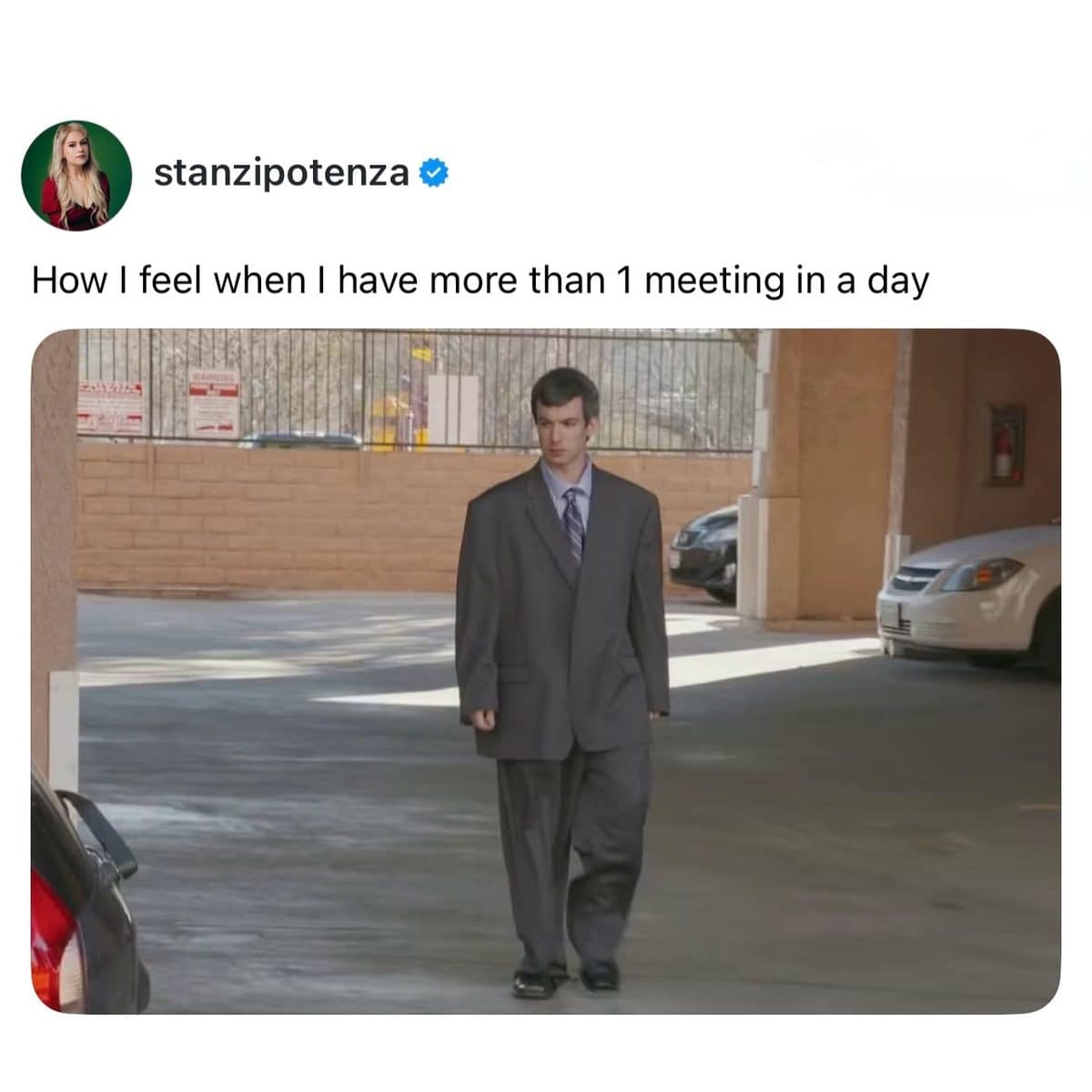 Meme dump post about meetings, showing Nathan Fielder walking in a comically oversized suit.