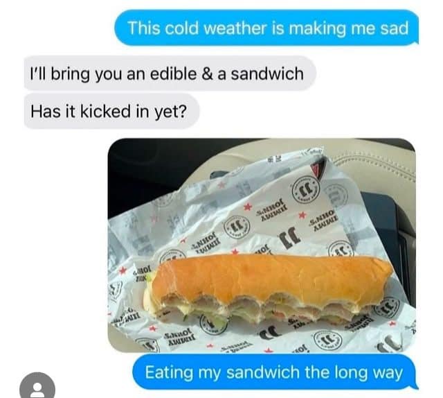 Text chat about cold weather blues ending with a sub bitten along its whole side.