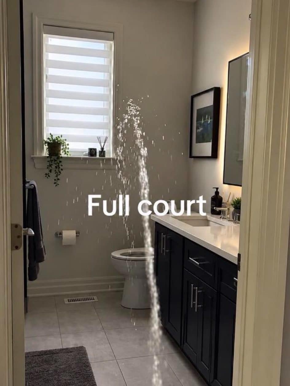 Meme dump bathroom with a stream of water arcing in from the doorway, labeled full court.