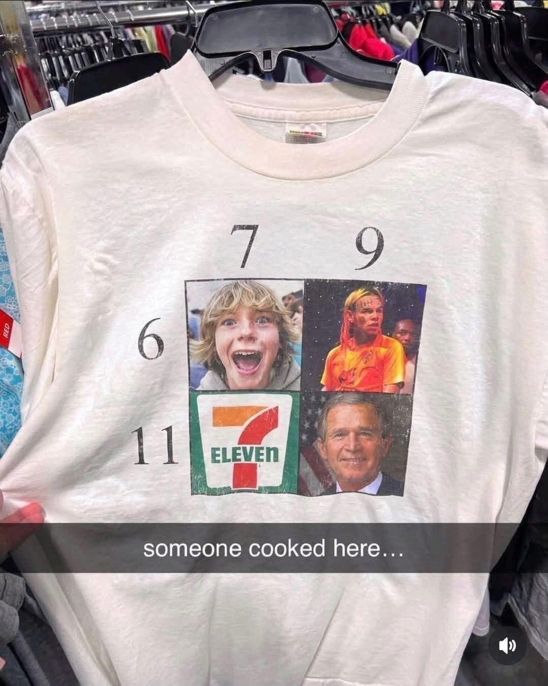 Thrift store shirt turning 6, 7, 9 and 11 into a meme collage with 7-Eleven.